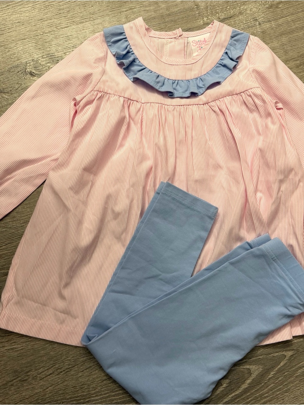 New! Girls Pink Stripe Top & Blue Ruffle-Trim Legging Set